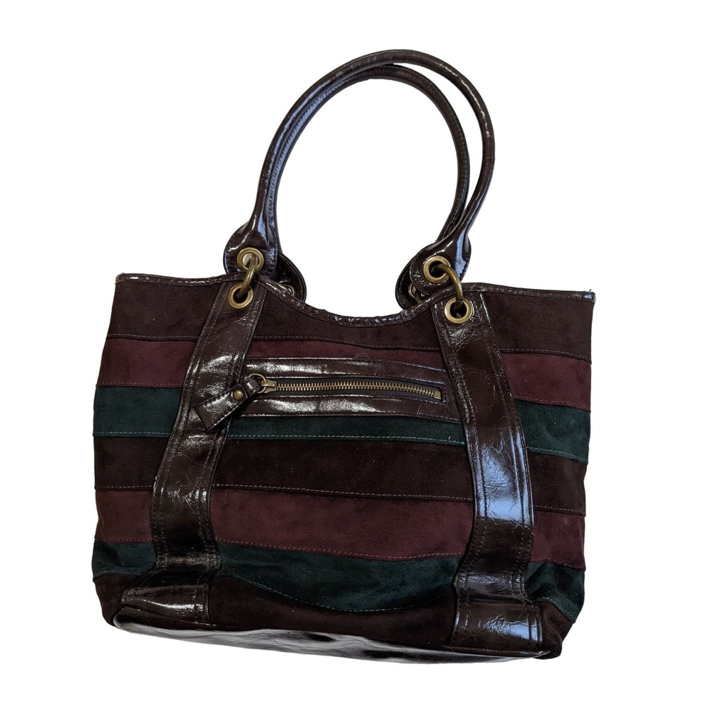 Nine West Brown Patent Leather Suede Striped Shoulder Bag Tote‎ Burgundy Green